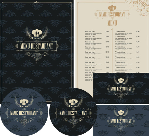 Vector set of design elements for restaurant in baroque style with chefs hat and flatware on dark background with seamless floral pattern. Menu cover, price list, stands for drinks and business cards - Vettoriali, immagini
