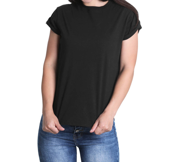 Young woman in black t-shirt on white background. Mockup for design - Fotó, kép