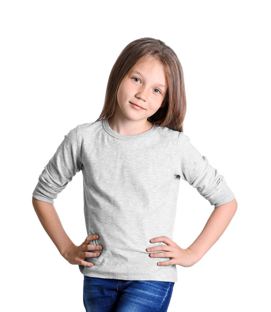 Little girl in long sleeve t-shirt on white background. Mockup for design - Fotoğraf, Görsel