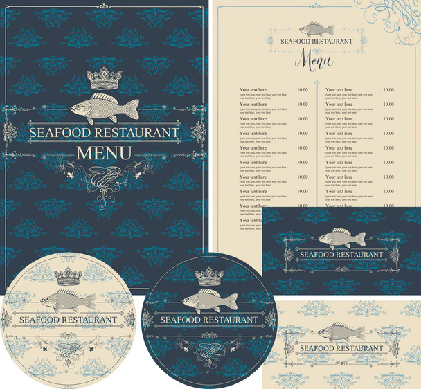 Vector set of design elements for seafood restaurant with fish and crown. Menu, business cards and coasters for drinks in baroque style on ornate background with floral pattern. - Vector, Image