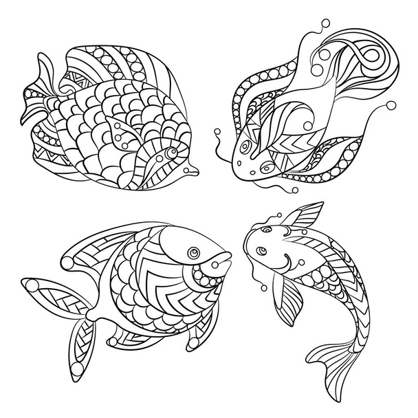 Coloring pages for children and adults with set of ocean and sea fishes in vector graphic illustration in ornament - Wektor, obraz