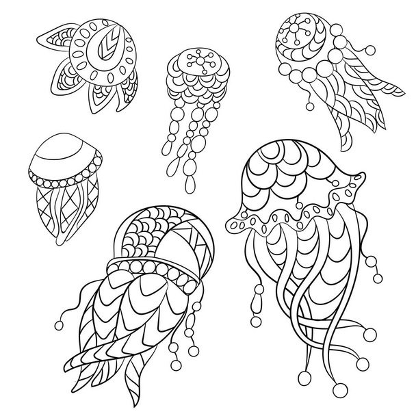 Coloring pages in vector graphic illustration for children and adults with ocean animals such as jellyfish, plankton and others - Vetor, Imagem