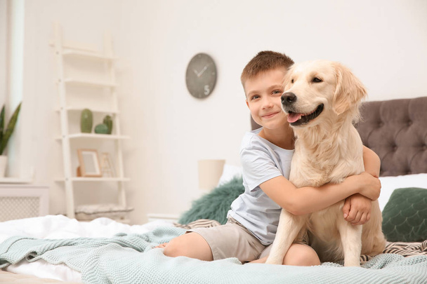 Cute little child with his pet on bed at home - Foto, Bild