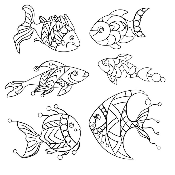 Coloring pages for children and adults with set of ocean and sea fishes in vector graphic illustration in ornament - Vettoriali, immagini