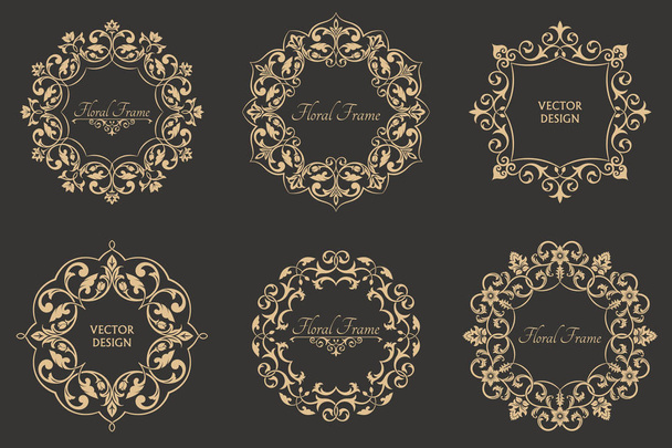 Set of circular baroque patterns. Round floral ornaments. Vintage frames. Greeting card. Wedding invitation. Retro style. Vector logo template, labels and badges - Вектор,изображение