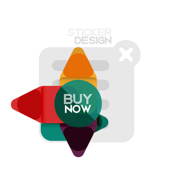 flaches Design Dreieck Pfeilform geometrischen Aufkleber-Symbol, Papier-Stil-Design mit kaufen jetzt Beispieltext, für Unternehmen oder Web-Präsentation, App-oder Schnittstellen-Tasten, Internet-Website-Shop Banner - Vektor, Bild