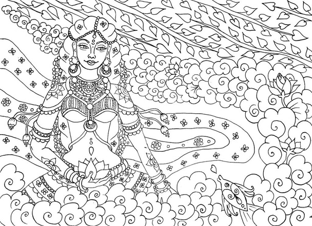 Індійська жінка в античному стилі Керала, розмальовки сторінки книги для дорослих - Фото, зображення
