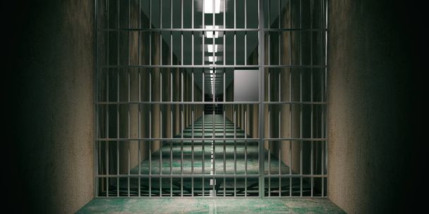 Interiér je vězení. Vězení buněk a stíny, tmavé pozadí. 3D obrázek - Fotografie, Obrázek