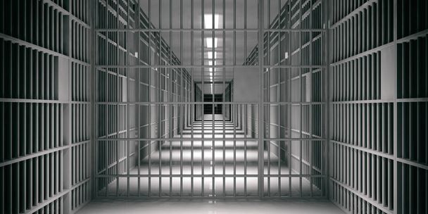 Hapishane iç. Hapishane hücreleri ve gölgeler, koyu arka plan. 3D çizim - Fotoğraf, Görsel