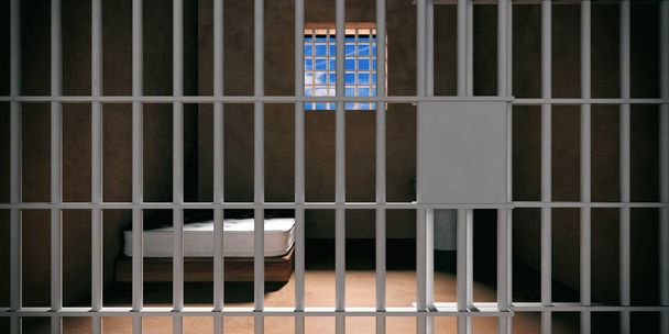 Внутри тюремной камеры. Закрытая дверь крупным планом, темная тюремная комната, голубое небо из окна. 3d иллюстрация
 - Фото, изображение
