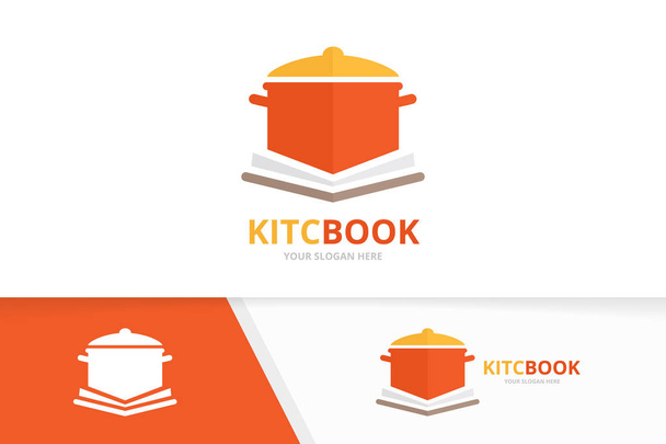 Vector pot en open boek logo combinatie. Keuken en boekhandel symbool of pictogram. Unieke pan en bibliotheek logo ontwerpsjabloon. - Vector, afbeelding