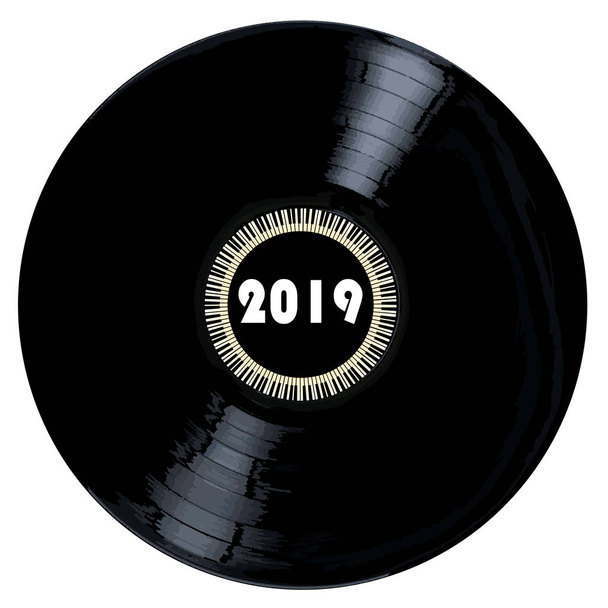 eine typische LP-Platte mit der Legende 2019 und einem Kreis von Klaviertasten auf weißem Hintergrund. - Vektor, Bild