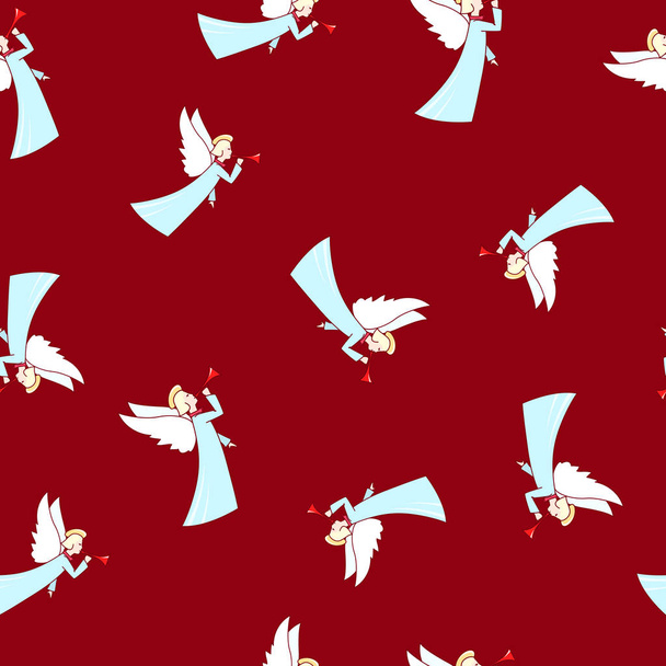 Бесшовные зимние праздники Шаблон с Ангелом, красочный рождественский ангел на красном фоне, векторная иллюстрация
 - Вектор,изображение