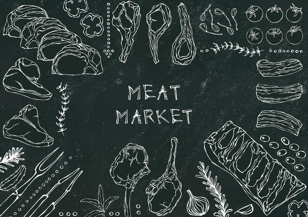 Masný trh. Dělené maso - hovězí maso, vepřové maso, jehněčí maso, steak, vykostěné hovězí maso, žebírka, pečeně a žebírka. Rajčata, olivy, paprika, cibule, česnek bylinky vidlice kleště černá deska pozadí a křída - Vektor, obrázek