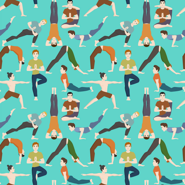 Yoga Positionen Männer Charaktere Klasse Meditation nahtlose Muster Hintergrund männliche Konzentration menschlicher Frieden Lebensstil Vektor Illustration. - Vektor, Bild