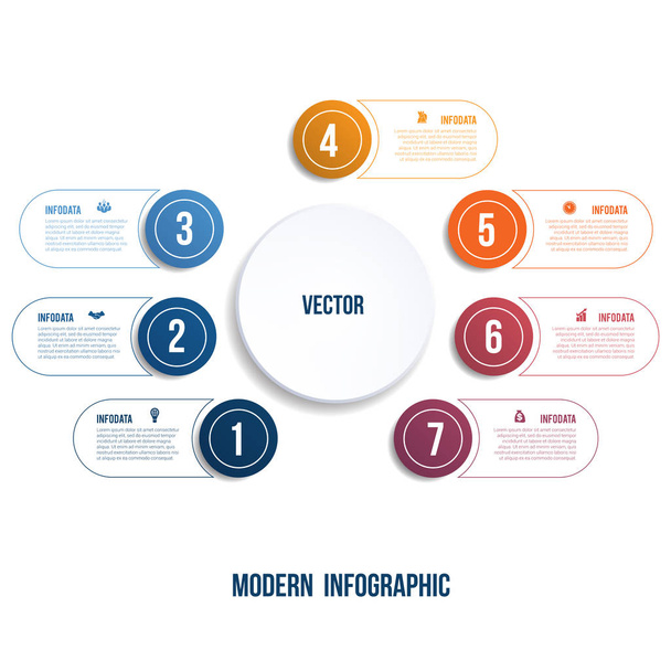 Moderni tietografiikka. Kaavio malli esitys 7 vaihtoehtoja piireissä banneri mitä voidaan käyttää liiketoiminnan infograpchic, kaavio, kaavio, taulukko, työnkulun layout
 - Vektori, kuva