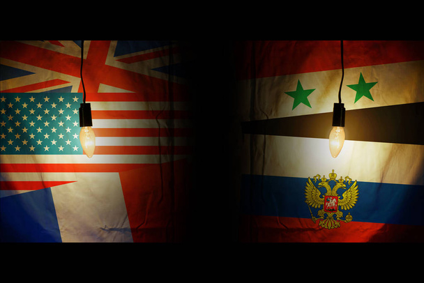 シリアとロシアの国旗の反対側のアメリカ、イギリス、フランスの国旗 - 写真・画像