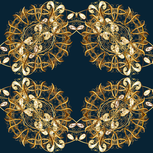 Classic vector golden seamless pattern. Floral ornament brocade textile pattern, glass, metal with floral pattern on blue, brown and yellow colors with golden elements. - Vetor, Imagem