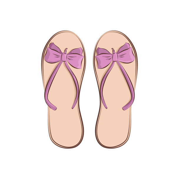 Beach flip flops with a bow. Summer fashion accessories. Ultraviolet objects isolated on white background. Vector illustration in hand drawing style for your design - Vektor, Bild