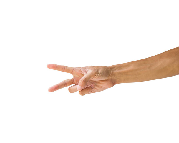 Clipping path hand gestures isolated on white background. Hand making number two sign or symbol gesture. Front hand gesture. - Photo, Image
