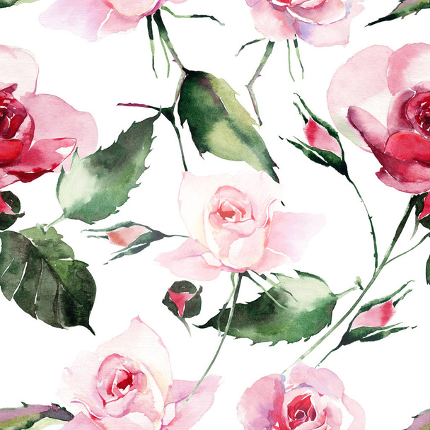 Beautiful bright elegant wonderful colorful tender gentle pink spring herbal rose with buds and green leaves pattern watercolor hand illustration. Perfect for greetings card, textile, wallpapers - Foto, imagen