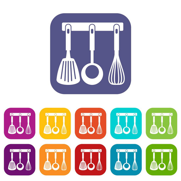 Spatula, ladle and whisk, kitchen tools icons set - Vetor, Imagem