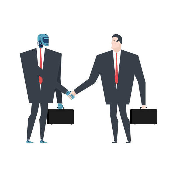 Cyborg et la poignée de main de l'homme. Contrat de robot et homme d'affaires. Intelligence artificielle. Illustration vectorielle
 - Vecteur, image