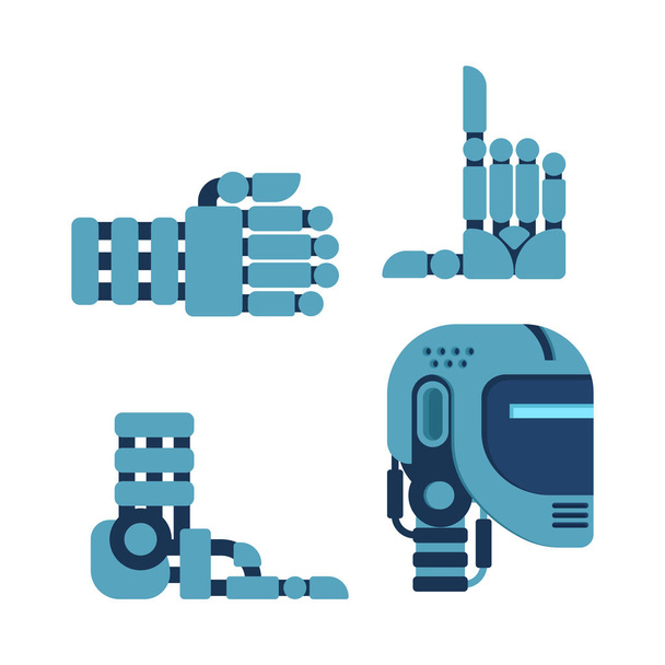 Cyborg conjunto de partes del cuerpo. Cabeza y mano de robot. Pierna Inteligencia artificial. Ilustración del vector
 - Vector, imagen