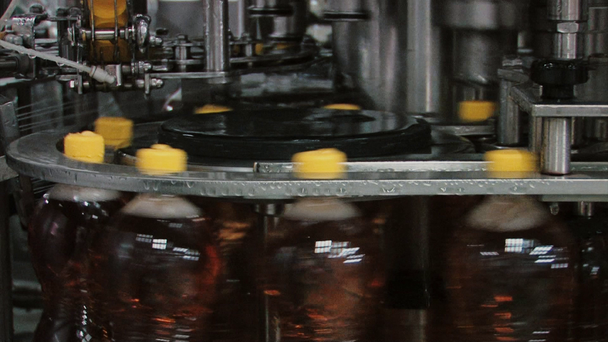 Herstellung von Plastikflaschen mit Saft auf dem Werksband - Filmmaterial, Video