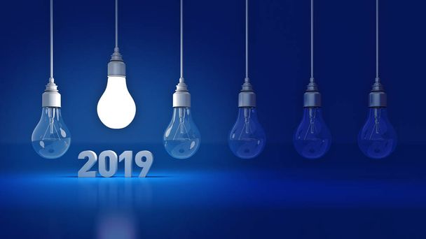 Señal de Año Nuevo 2019 dentro de las bombillas. Renderizado 3D
 - Foto, Imagen