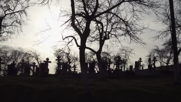 Fondo de Halloween. Antiguo cementerio con cruces antiguas al atardecer
 - Metraje, vídeo