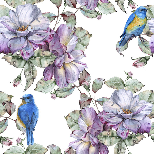 背景のバラと青い鳥。シームレス パターン. - 写真・画像