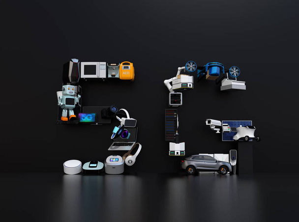 Appareils intelligents, drone, véhicule autonome et robot disposés en texte '5G'. Fond noir. Concept 5G. Image de rendu 3D
. - Photo, image