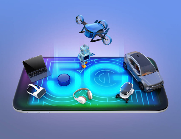 Smart appliances, drone, autonomous vehicle and robot on smart phone, 5G concept. 3D rendering image. - Photo, Image