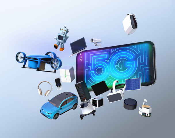 Chytré spotřebiče, hukot, autonomní vozidla a robot skok z chytrého telefonu, 5g koncept. 3D vykreslování obrazu. - Fotografie, Obrázek