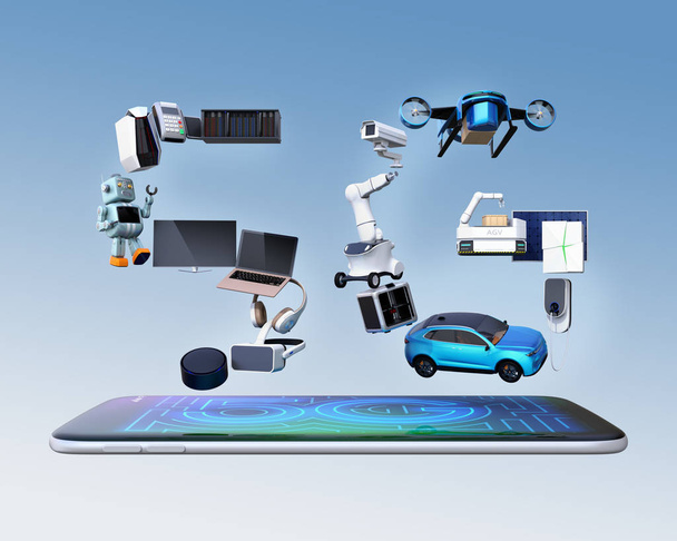 Aparatos inteligentes, dron, vehículo autónomo y robot dispuestos en texto '5G' en el teléfono inteligente, concepto 5G. Imagen de renderizado 3D
. - Foto, Imagen