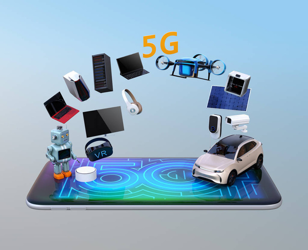 Akıllı ev aletleri, dron, otonom araç ve robot akıllı telefon, 5g grafik ekran akıllı telefonda. 5g kavramı. 3D render resim. - Fotoğraf, Görsel