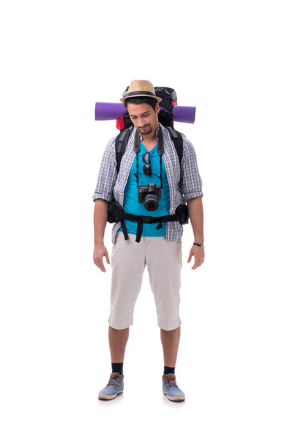 Backpacker with camera isolated on white background - Foto, Imagen
