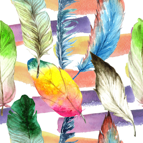 Watercolor bird feather from wing. Seamless background pattern. Fabric wallpaper print texture. Aquarelle feather for background, texture, wrapper pattern, frame or border. - Fotoğraf, Görsel