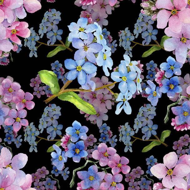 Colorful myosotis. Floral botanical flower. Seamless background pattern. Fabric wallpaper print texture. Aquarelle wildflower for background, texture, wrapper pattern, frame or border. - Photo, Image