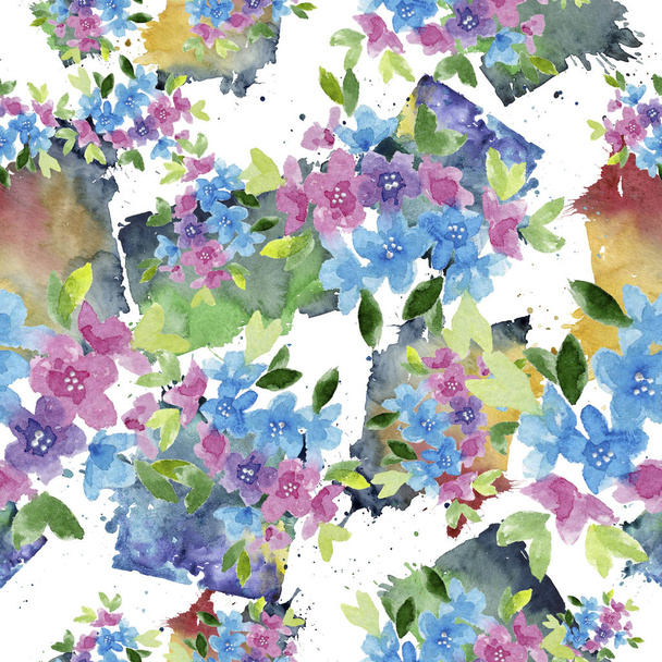 カラフルな myosotis。花植物の花。シームレスな背景パターン。壁紙印刷手触りの生地。背景、テクスチャ、ラッパー パターン、フレームや境界線の aquarelle ワイルドフラワー. - 写真・画像