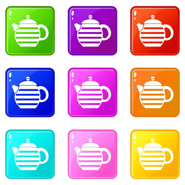 Striped teapot icons 9 set - Vector, imagen