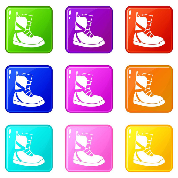 Boot for snowboarding icons 9 set - Vetor, Imagem