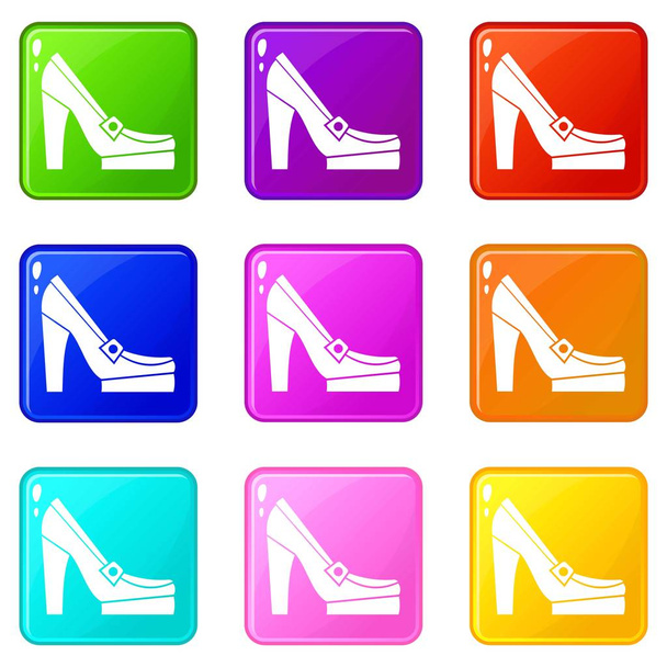 Women shoes on platform icons 9 set - Vetor, Imagem