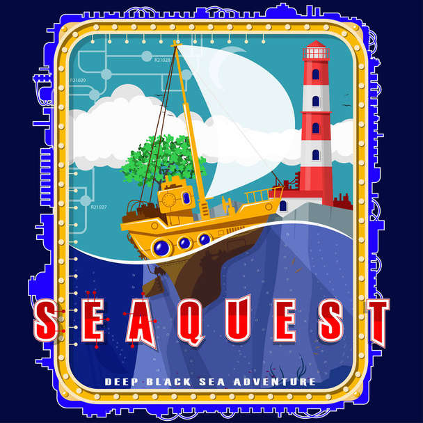 Sailboat on the background of the island with a tree and a lighthouse. Emblem with electromechanical elements. Background, text and water are located on separate layers and can be easily disabled. - Vector, Image