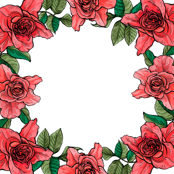 Card with a frame of large roses, vector Botanical illustration. - Vetor, Imagem