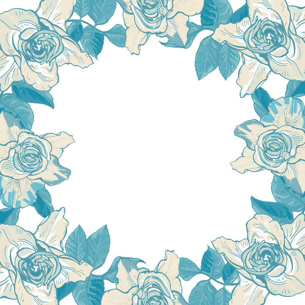 Card with a frame of large roses, vector Botanical illustration. - Vektor, Bild