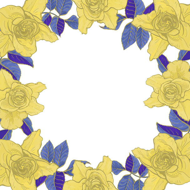 Karte mit einem Rahmen aus großen Rosen, Vektorbotanische Illustration. - Vektor, Bild