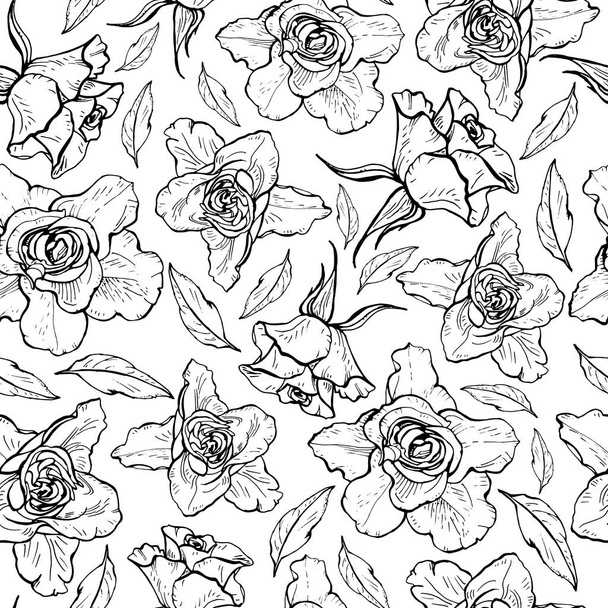 nahtloses Muster schwarzer und weißer grafischer Rosen. Vektorillustration. - Vektor, Bild