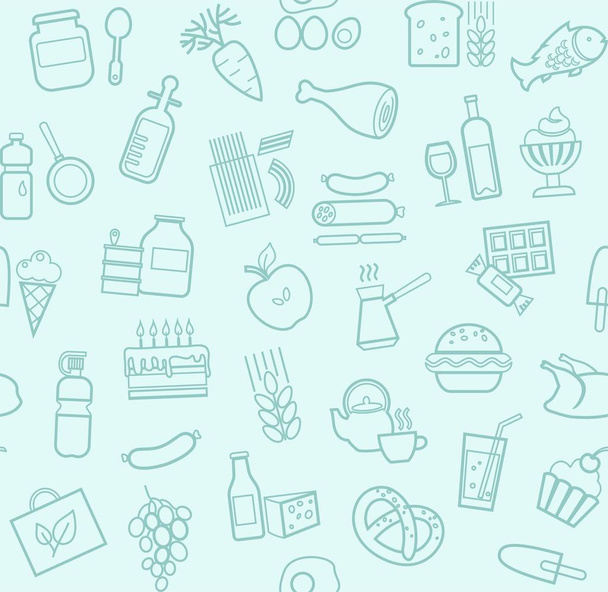 Food, seamless pattern, light blue, contour, grocery store, vector. Food and drinks, production and sale. Vector background. Blue line icons on a light field.  - Вектор,изображение